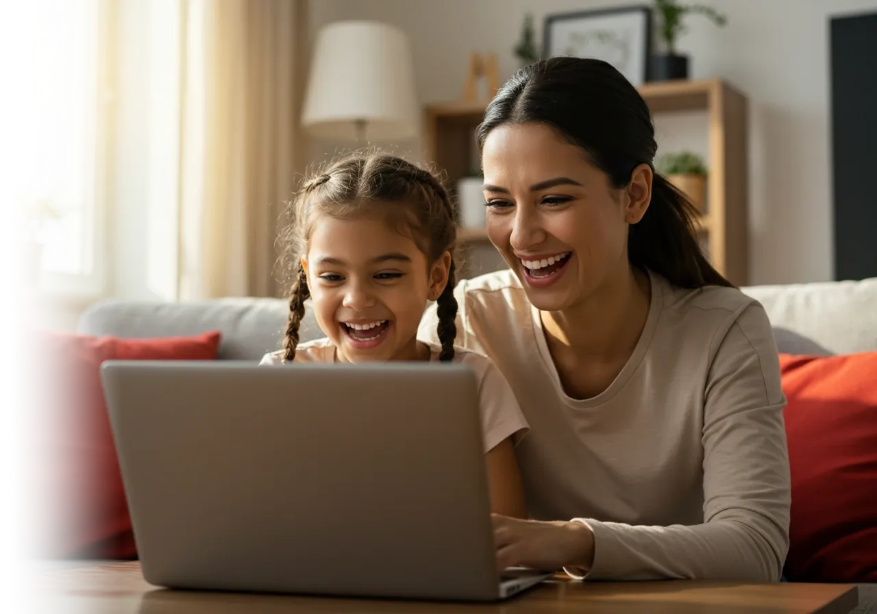 Mother and daughter watching cartoons on a laptop.